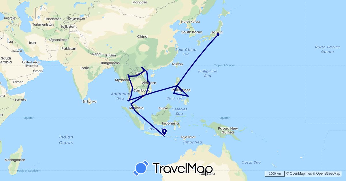 TravelMap itinerary: driving in Indonesia, Japan, Laos, Malaysia, Philippines, Thailand, Vietnam (Asia)
